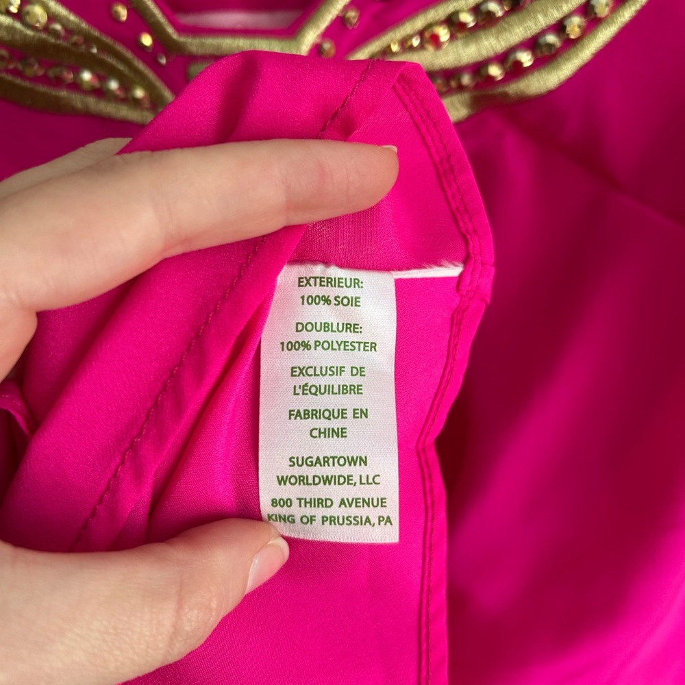 Lilly Pulitzer Owen Silk Trapeze Tunic Dress Hot Pink Gold Beaded Embroidery M - Picture 9 of 9